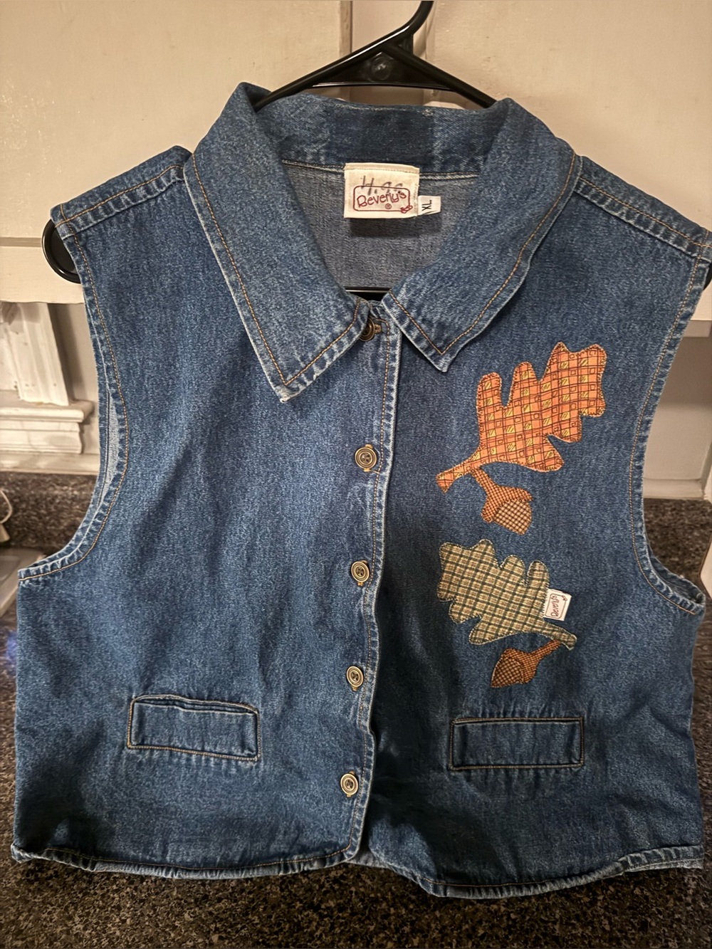 Vintage Denim Button-Front Vest with Autumn Leaf Appliqués - Sz XL